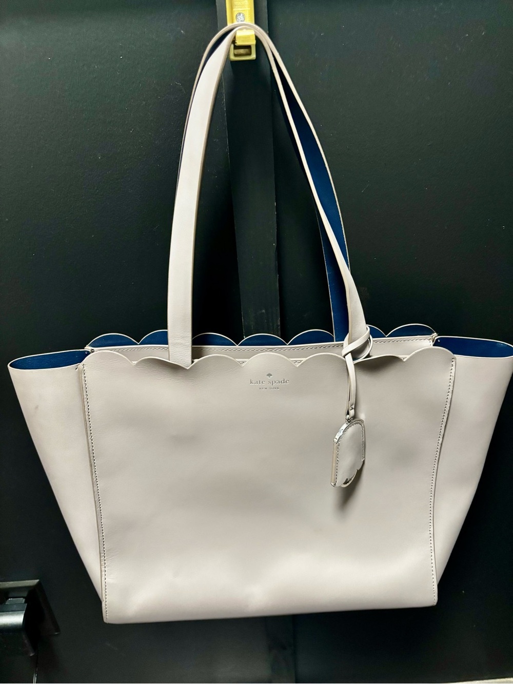 Kate Spade Taupe Leather Tote with Navy Interior and Scalloped Edge